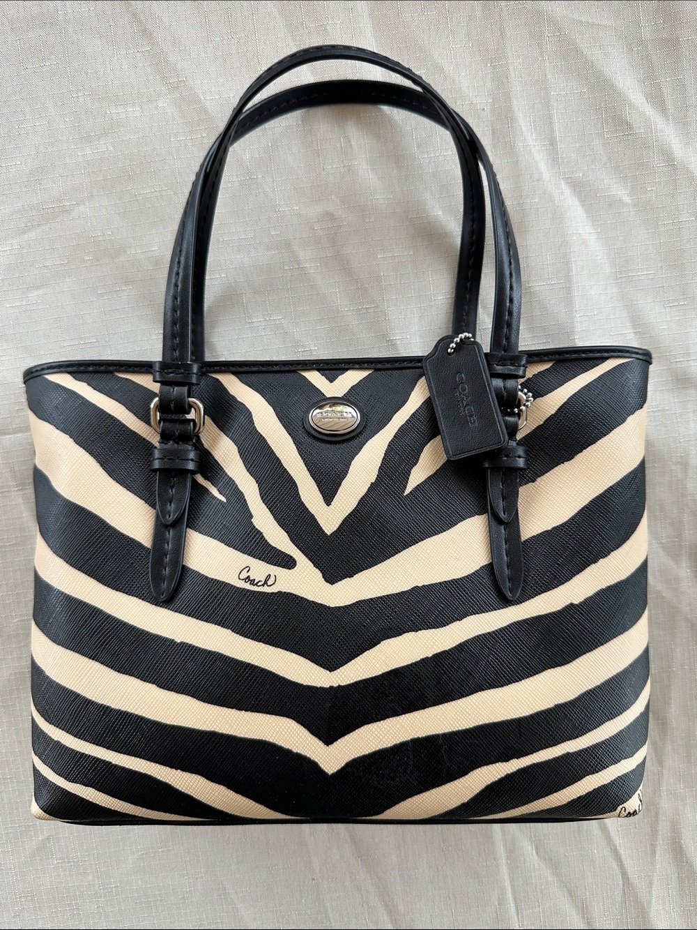 Coach Black and Cream Zebra-Stripe Tote with Signature Tag